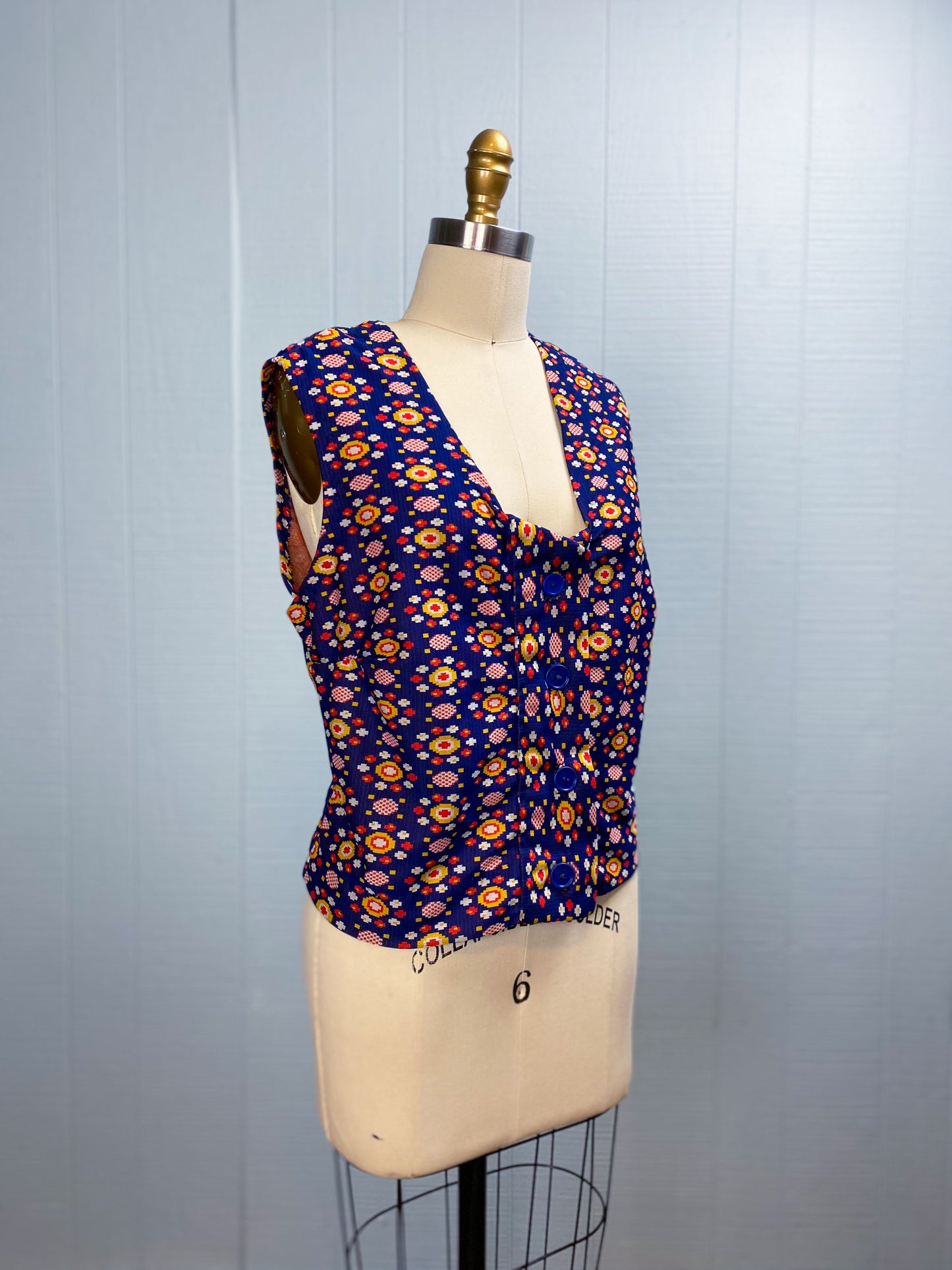 70s Navy Yellow Orange Patterned Button Vest | XL