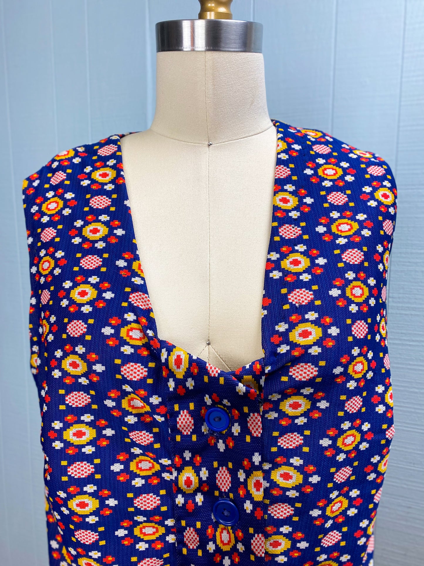 70s Navy Yellow Orange Patterned Button Vest | XL