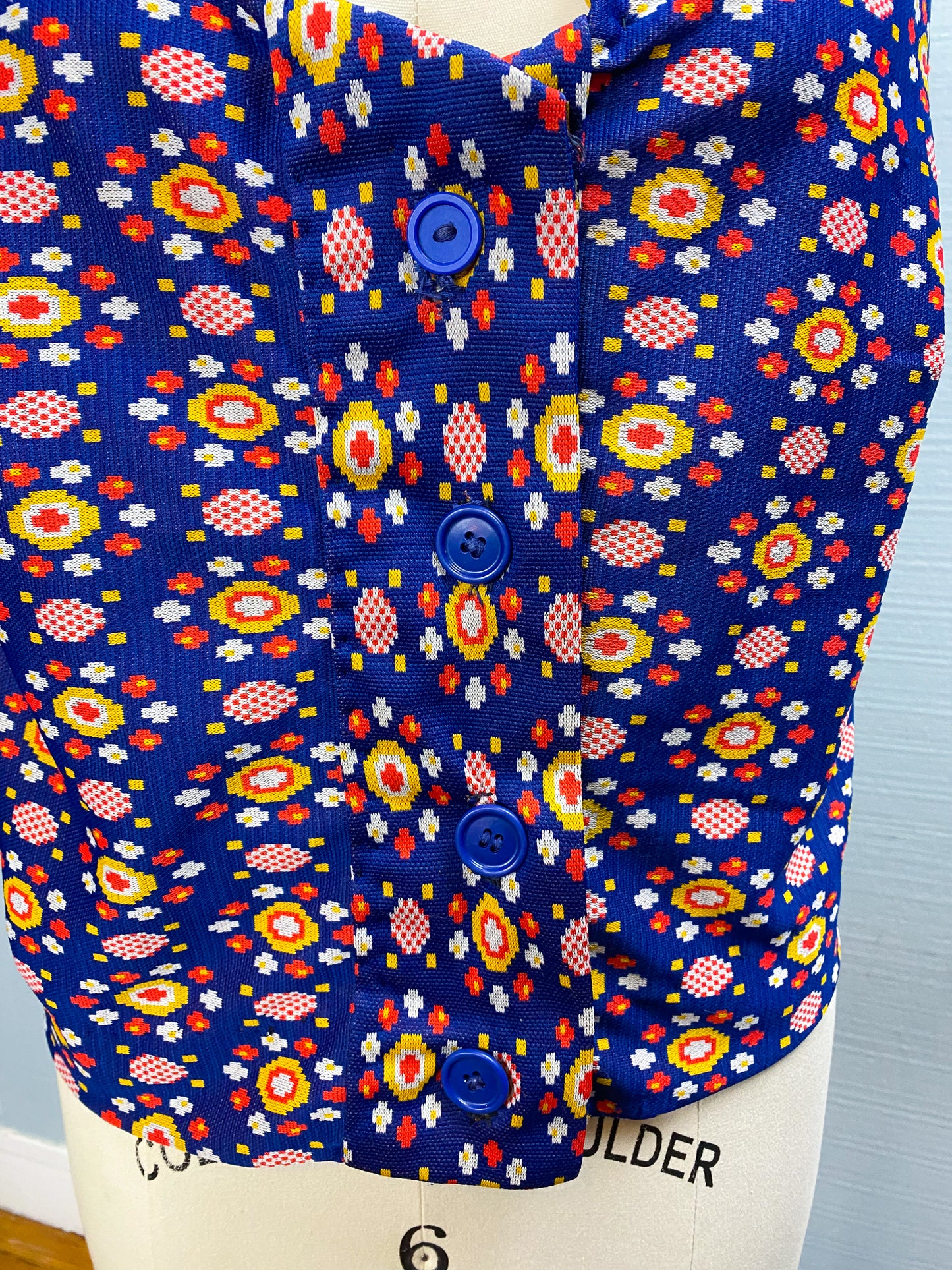 70s Navy Yellow Orange Patterned Button Vest | XL