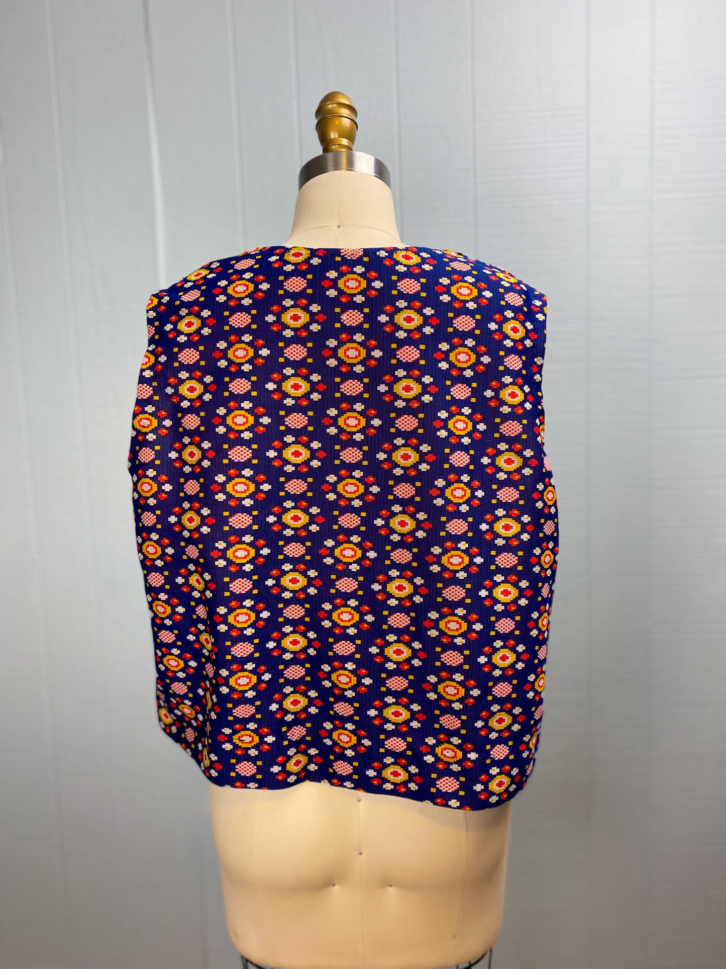 70s Navy Yellow Orange Patterned Button Vest | XL