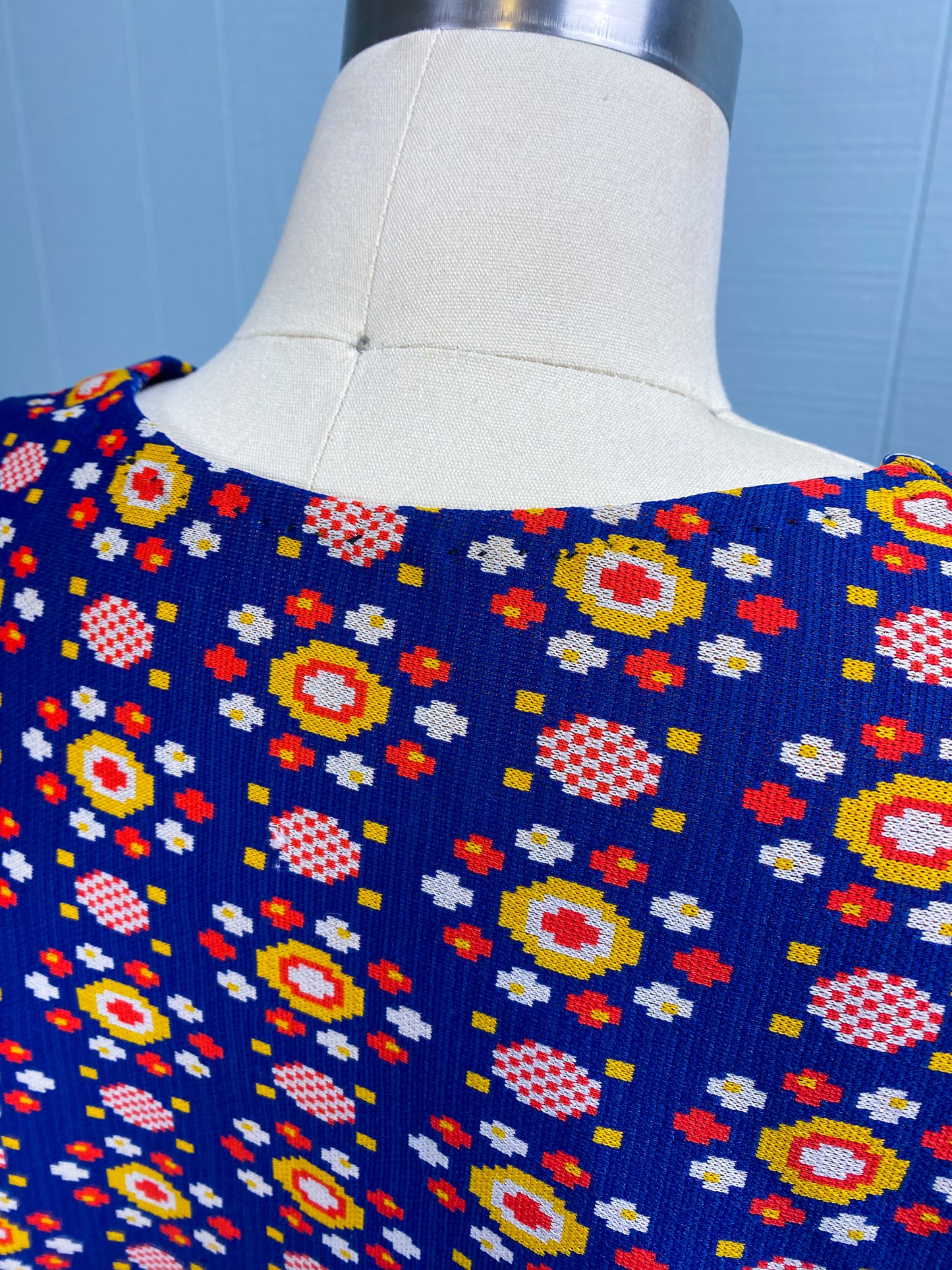 70s Navy Yellow Orange Patterned Button Vest | XL