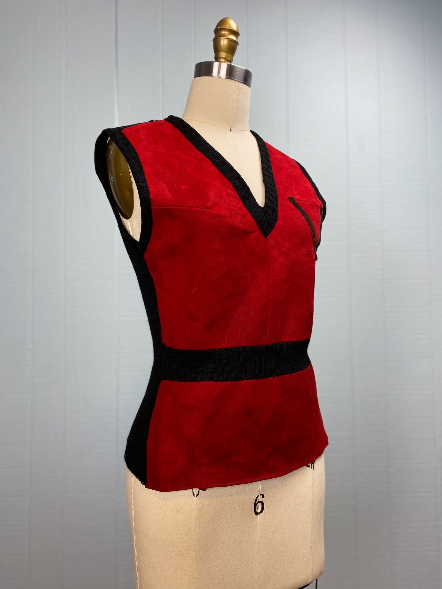 60's 70's Red Suede & Black Sweater Ribbed V Neck Vest | S/M