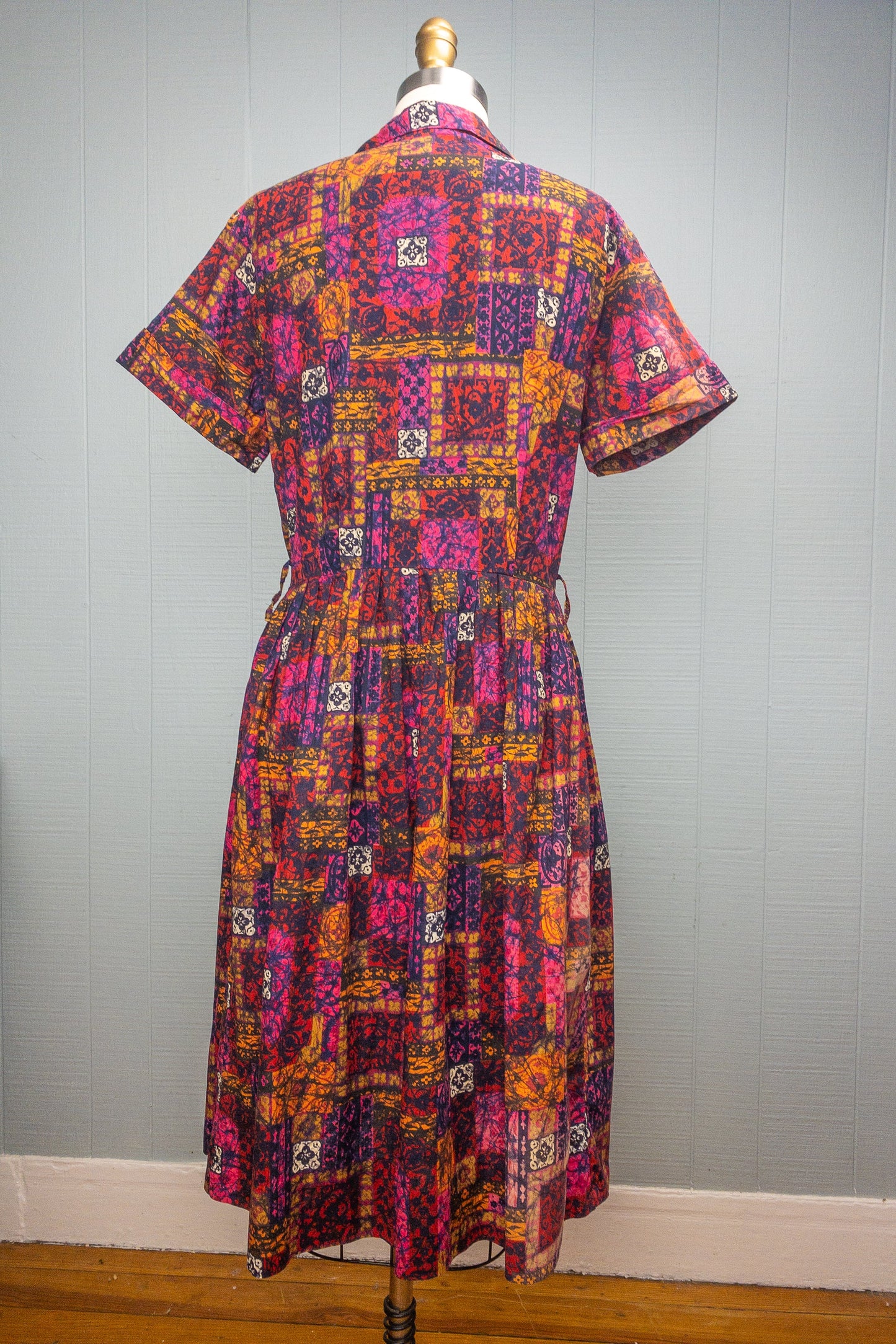 60's Purple & Orange Print Shirt Dress | M/L