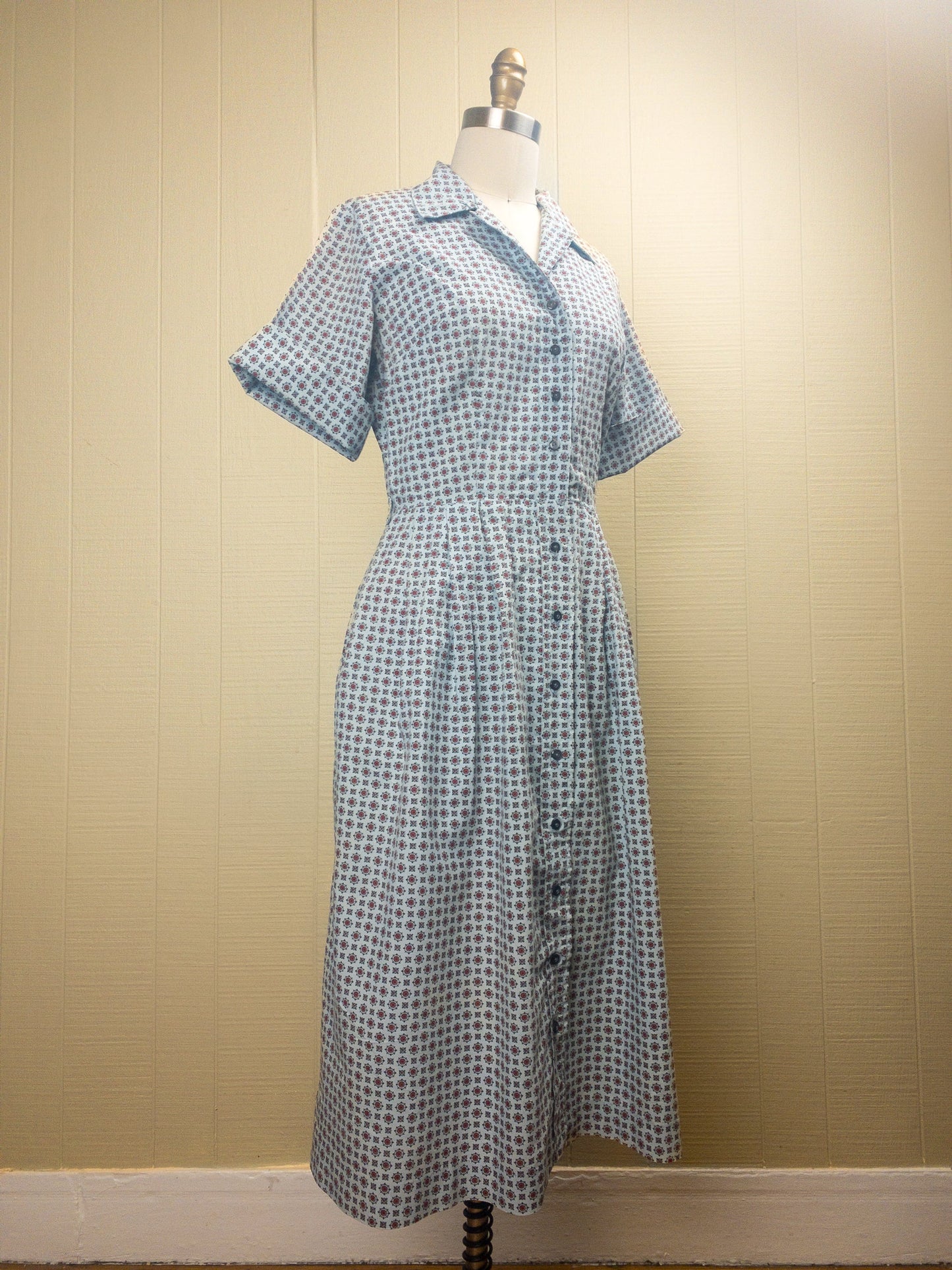 50s Pale Blue Ditsy Shirt Dress M/L