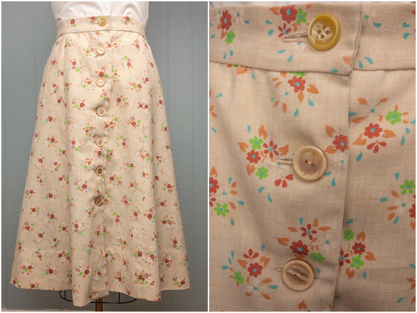 70's Cream Floral Skirt | S
