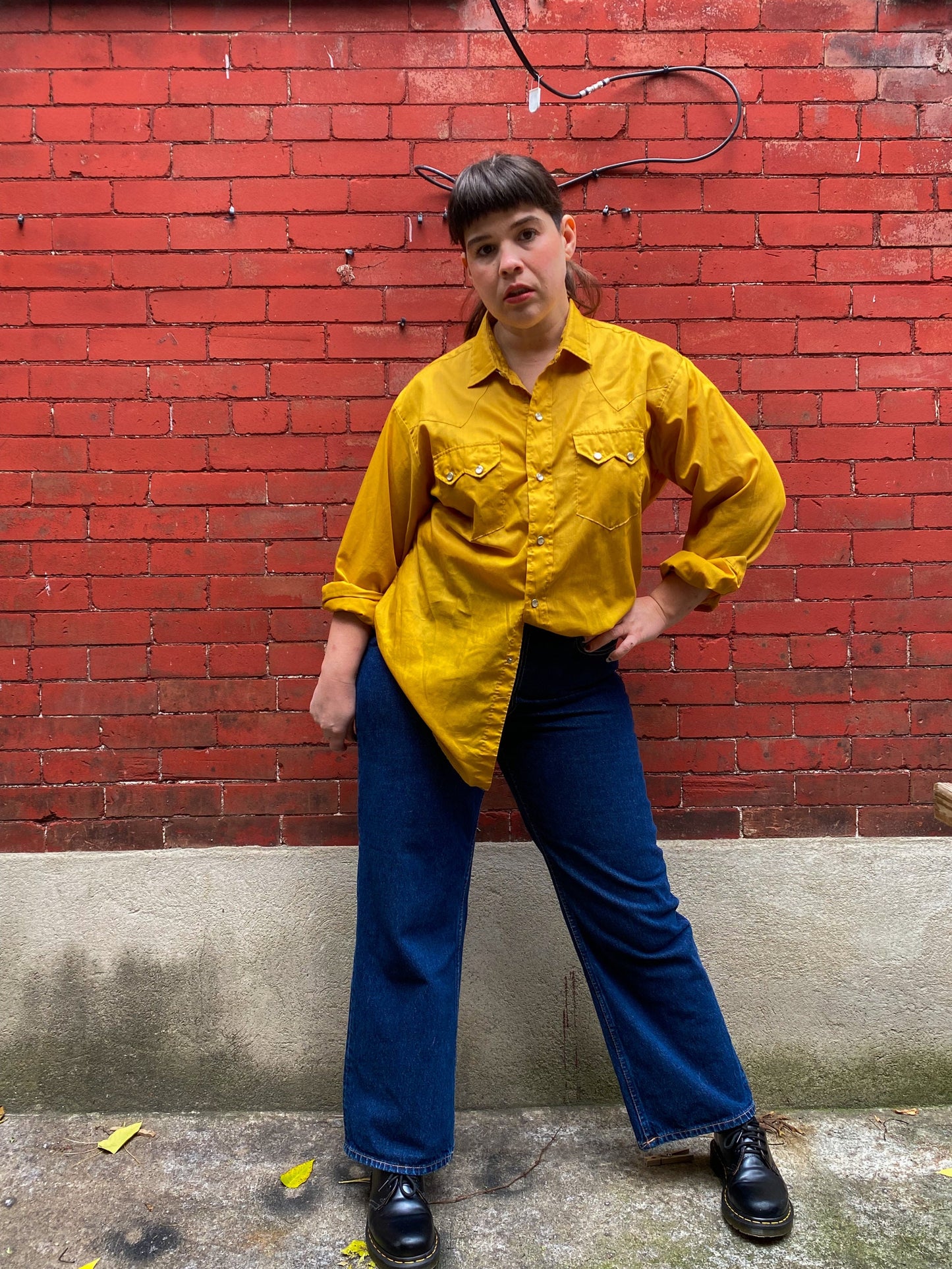 60s 70s Mustard Western Dress Shirt | L/XL