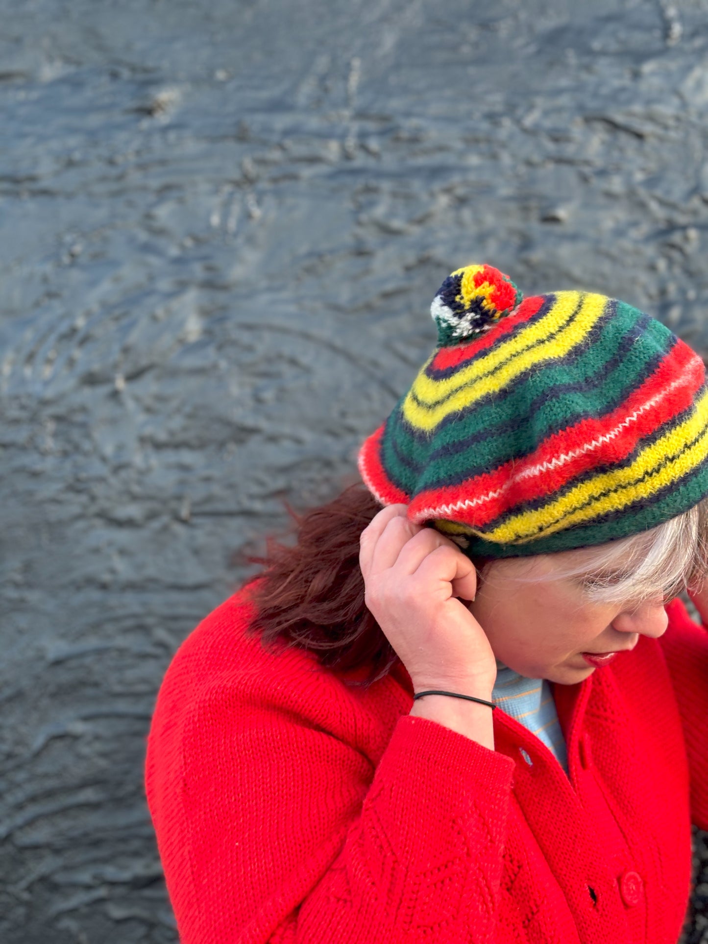 60's Mrs. Maisel Rainbow Red Yellow Green Blue Striped Wool Tam Beret
