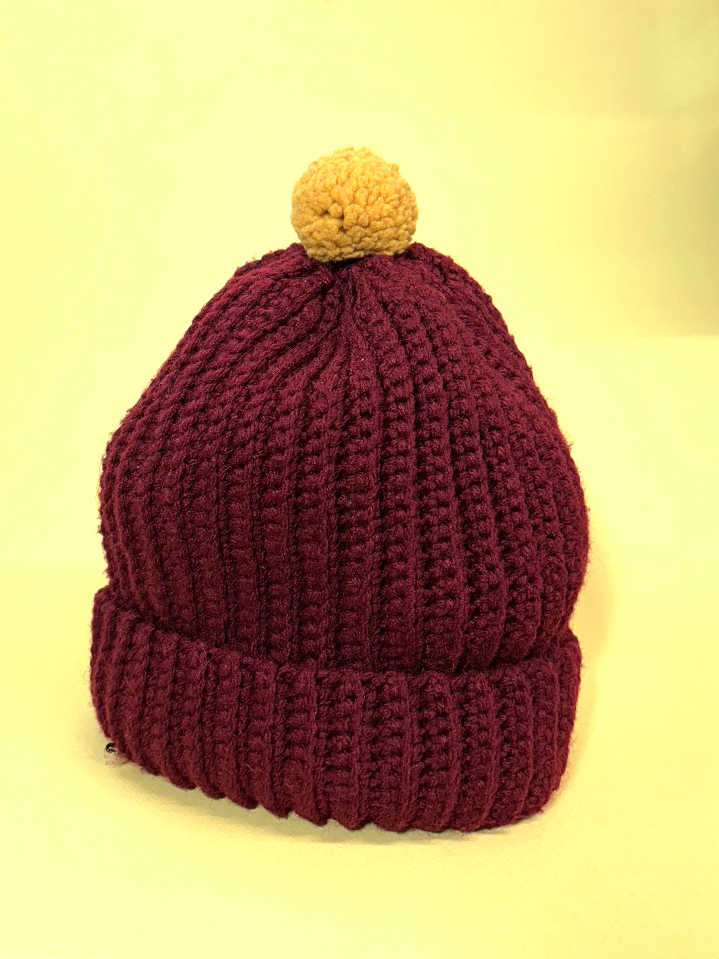 Vintage "Marvelous Mrs. Maisel" Maroon Knit Beanie with Golden Yellow Pom