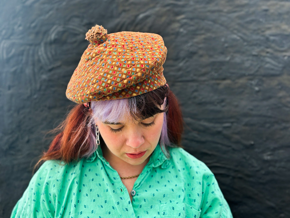 50s Mrs. Maisel Tan & Rainbow Embroidered Beret Hat by Saks