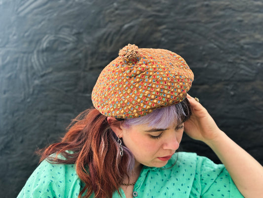 50s Mrs. Maisel Tan & Rainbow Embroidered Beret Hat by Saks