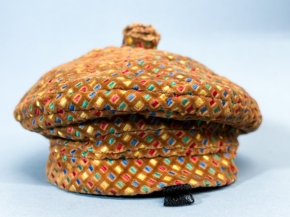 50s Mrs. Maisel Tan & Rainbow Embroidered Beret Hat by Saks