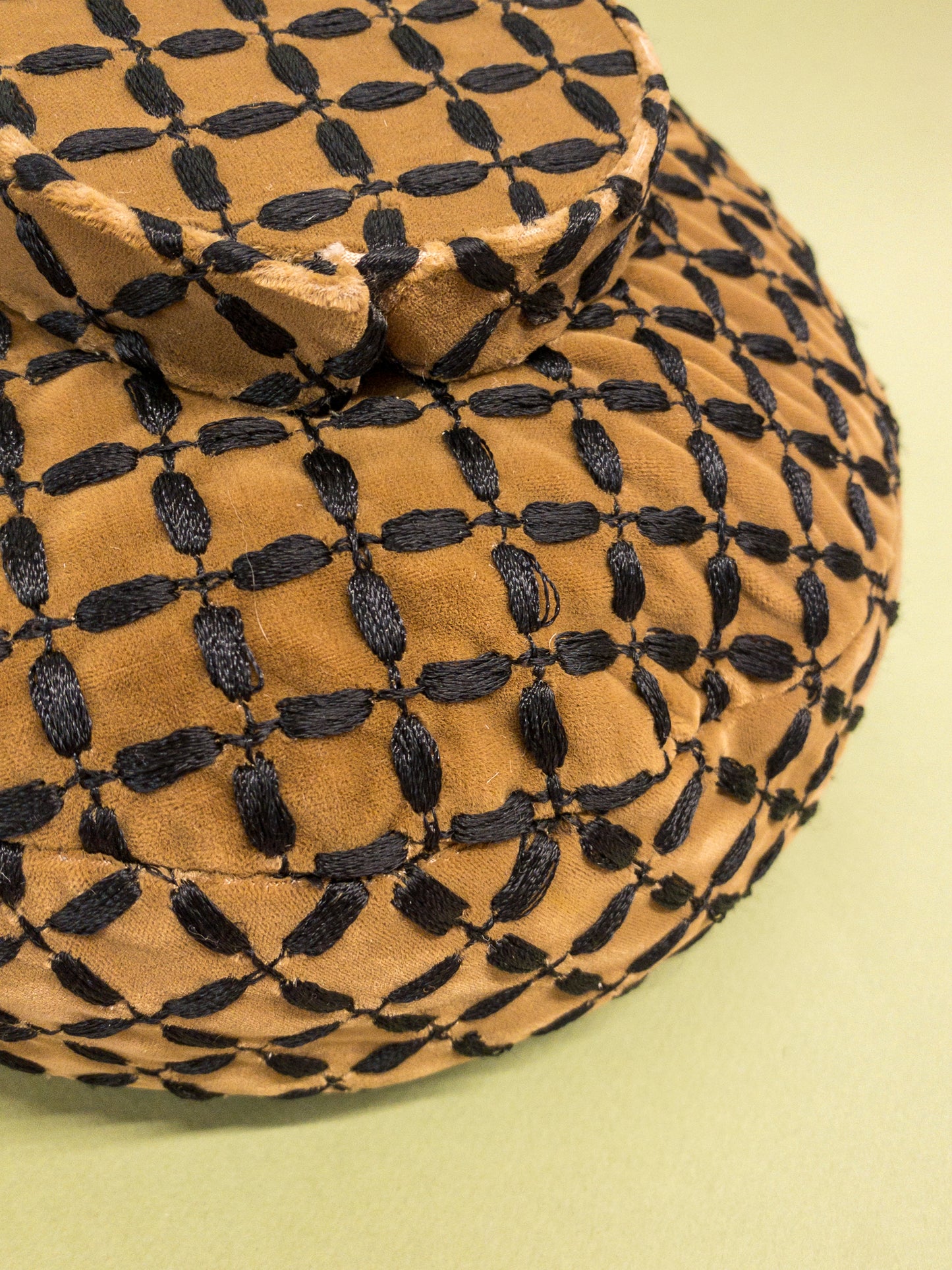 50's 60's "Marvelous Mrs. Maisel" Tan Velvet & Black Embroidered Mushroom Hat