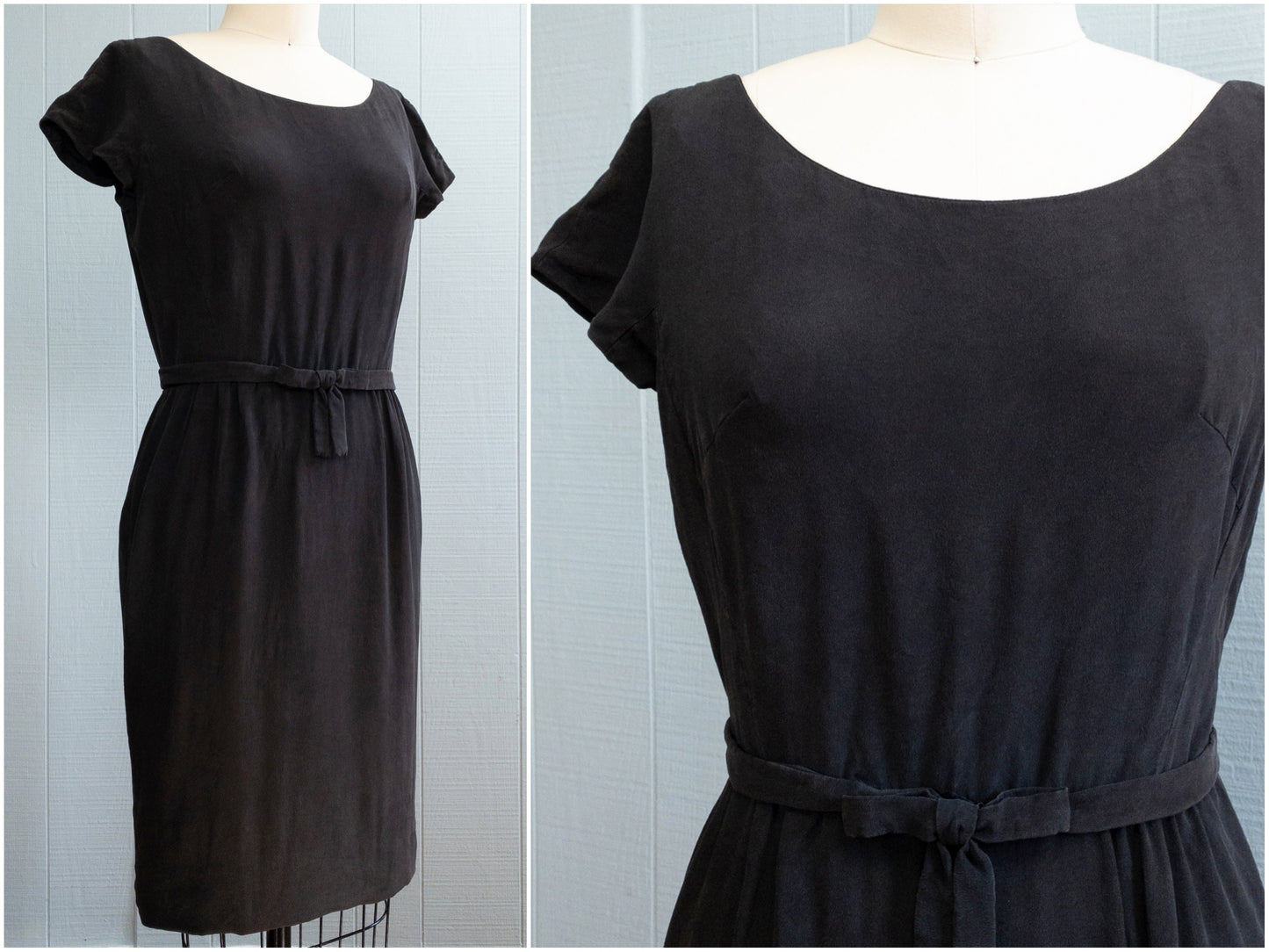 50's 60's Black Silky Wiggle Dress | S