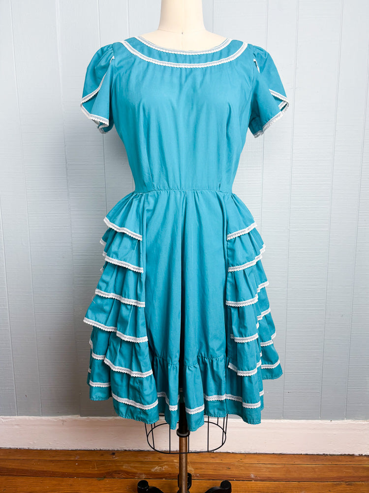 70's Teal Blue Square Dancing Ruffle Dress