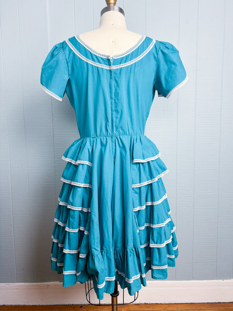 70's Teal Blue Square Dancing Ruffle Dress