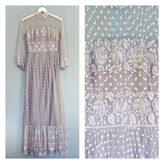 Dove Grey & White Lace Dot Sheer Maxi Dress | XS/S