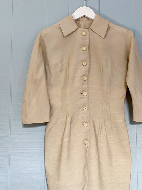 50s 60s Cream Linen Wiggle Dress | S