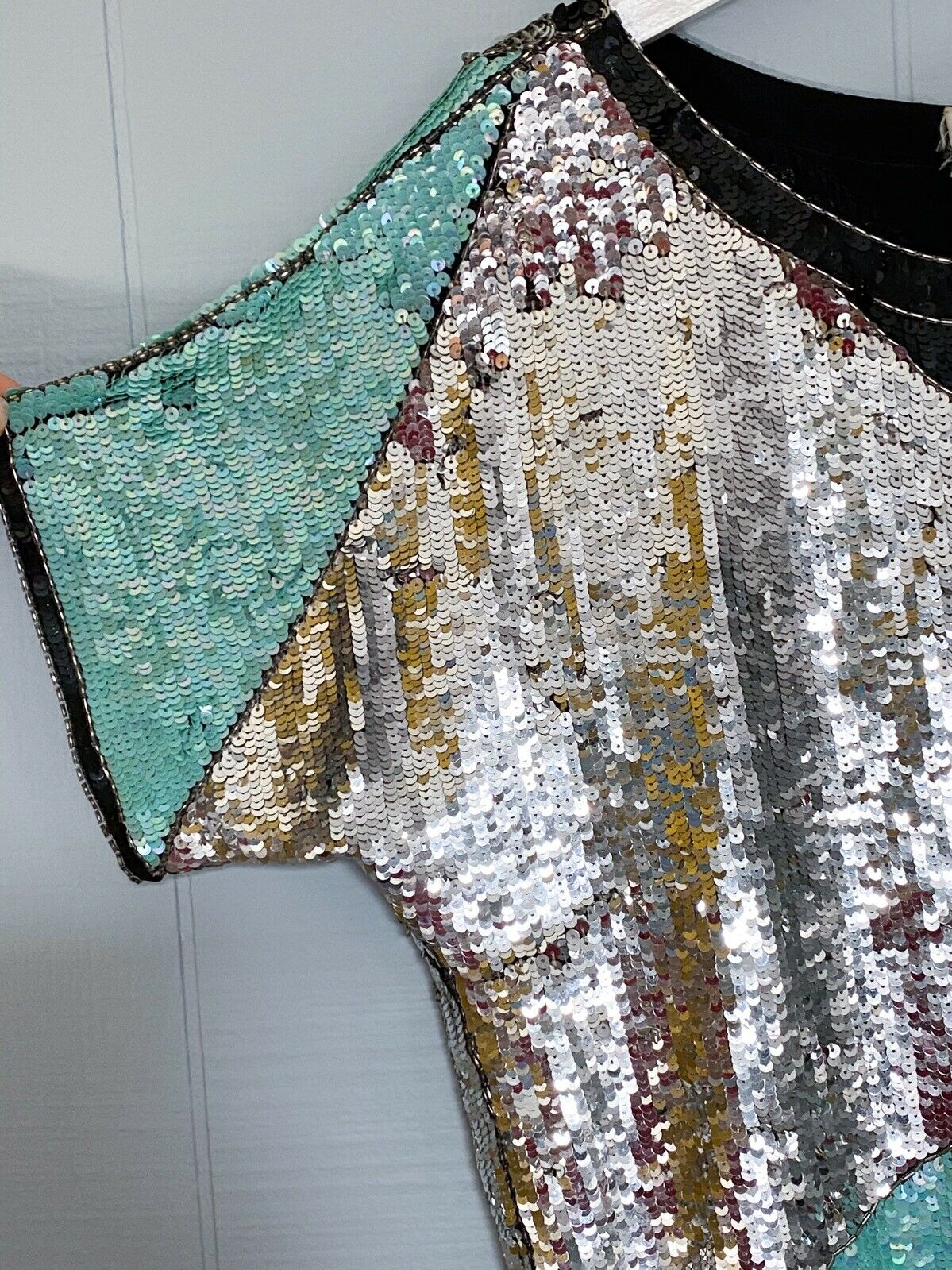 80s Teal Black Silver Colorblock Sequin Top | S/M