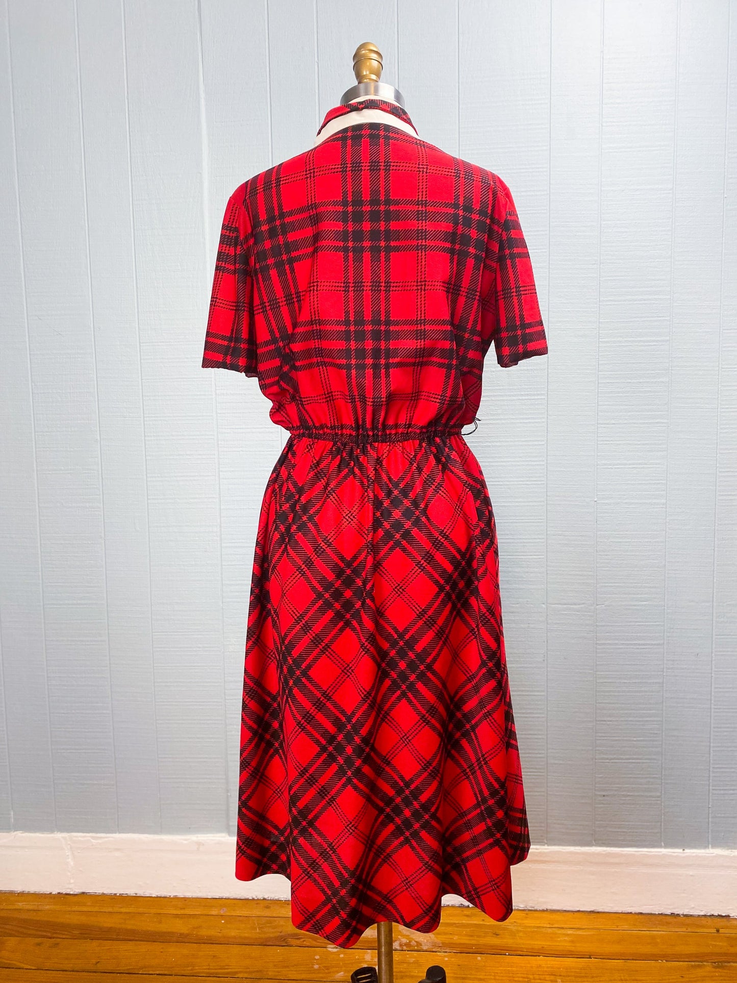 80's Red/Black Plaid Party Dress Oversize Bow & Collar