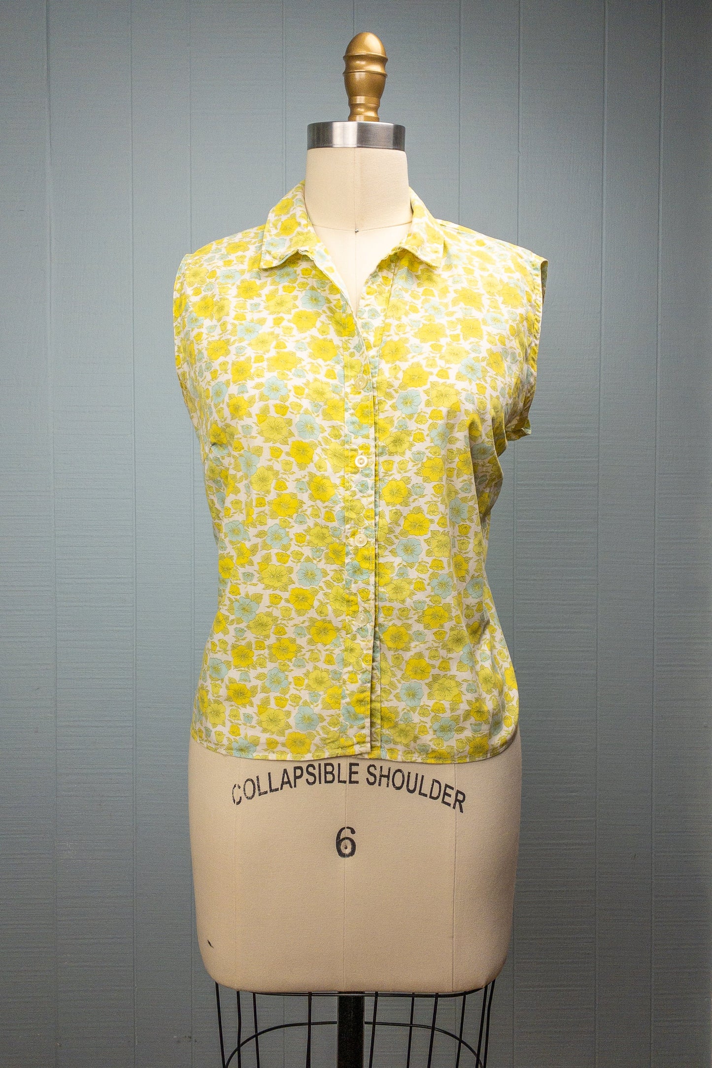60's Yellow & Blue Ditsy Floral Sleeveless | M/L