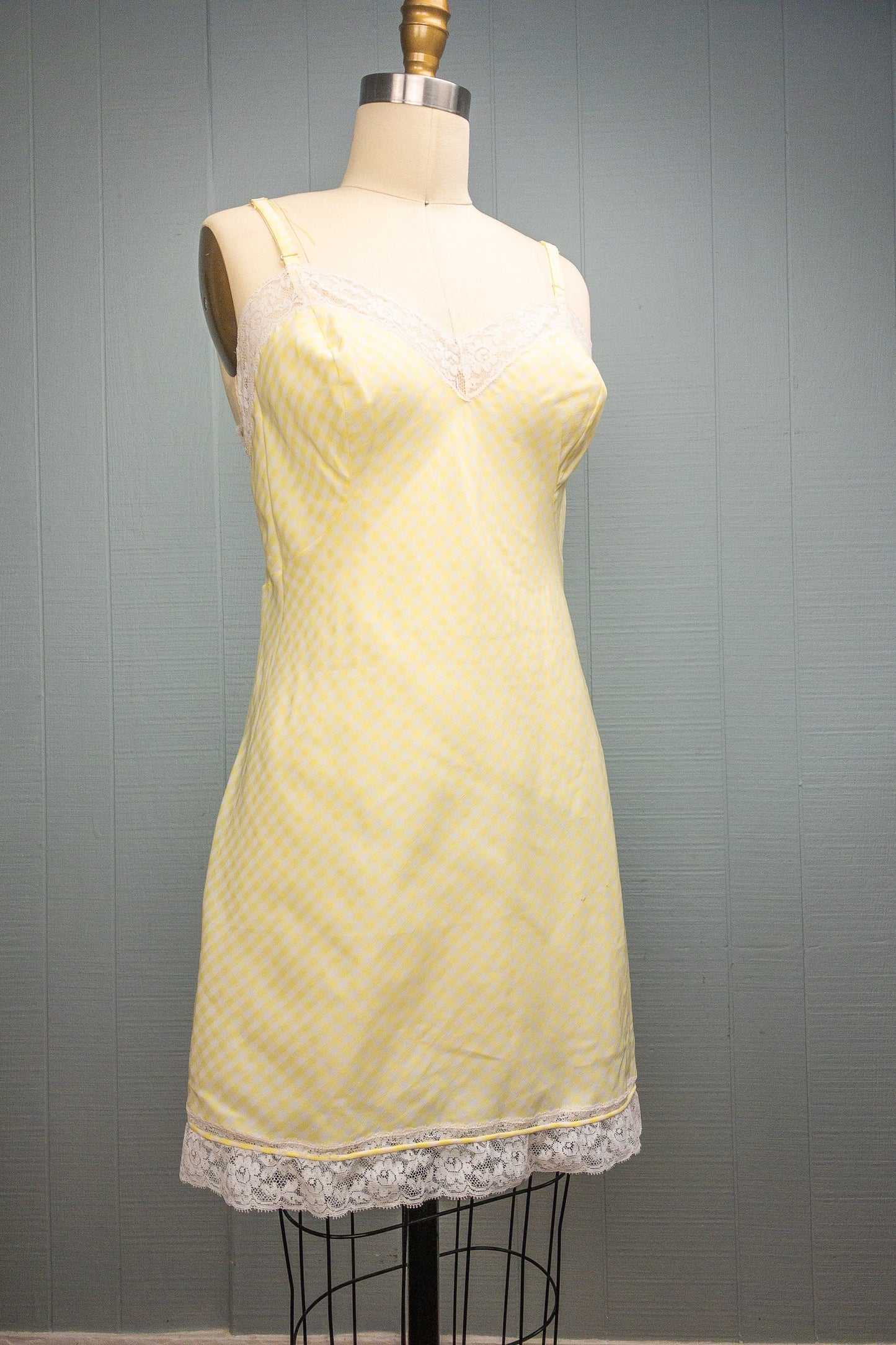 60's Yellow Gingham Lace Nightgown Slip | M