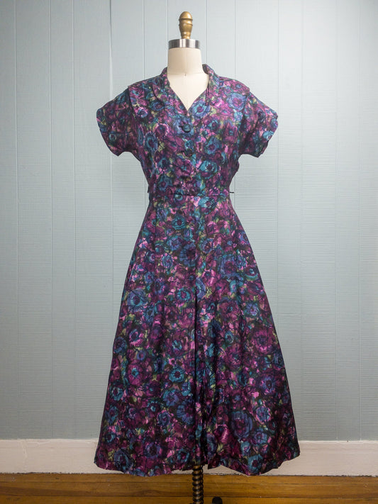 50's Purple Abstract Floral Dress | M/L