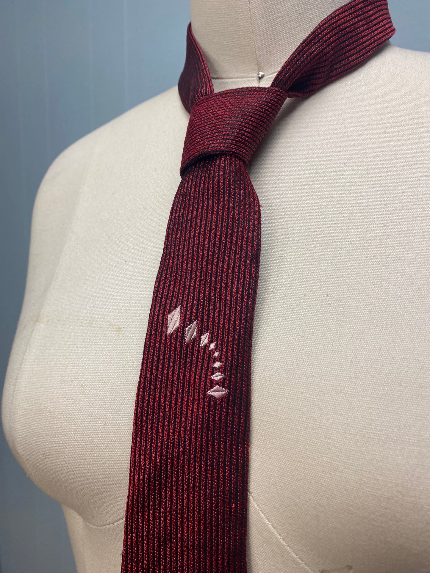 50's 60's Skinny Maroon Red Diamond Silk Tie