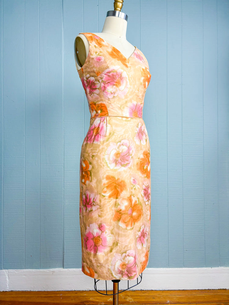60's Mrs. Maisel Champagne, Pink & Orange Floral Cotton Dress | XXS
