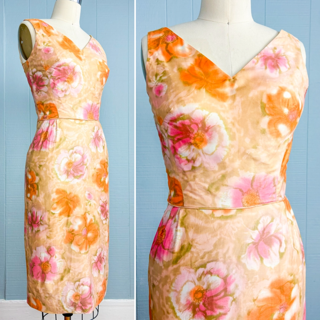 60's Mrs. Maisel Champagne, Pink & Orange Floral Cotton Dress | XXS