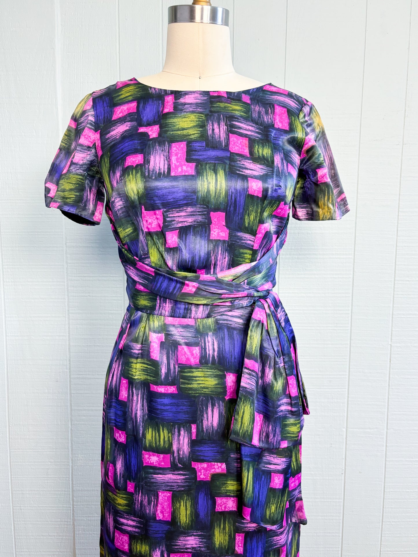 50's 60's Mrs. Maisel Purple Pink Green Wiggle Dress | XXS/XS