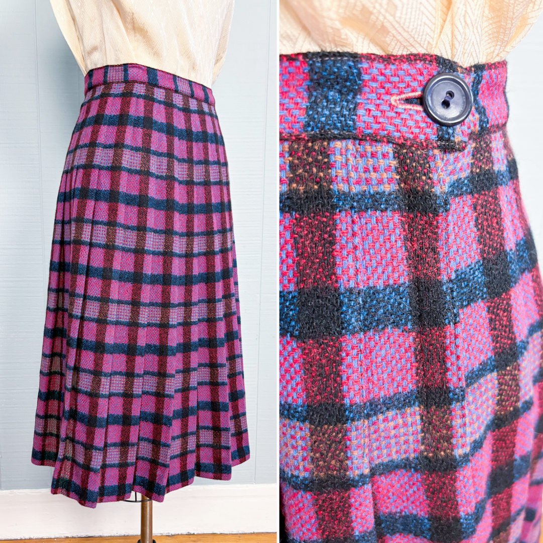 50's 60's Mrs. Maisel Purple Plaid Pleated Skirt | W: 26"