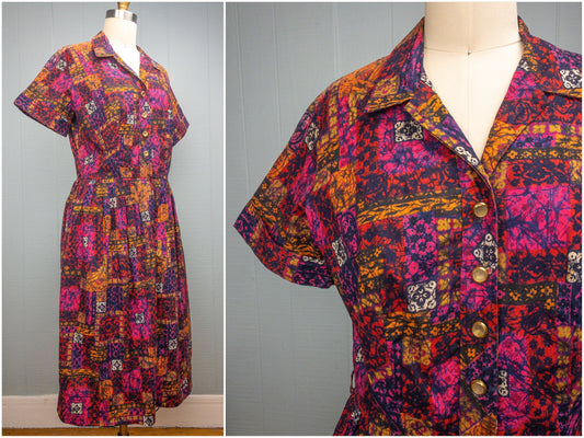 60's Purple & Orange Print Shirt Dress | M/L