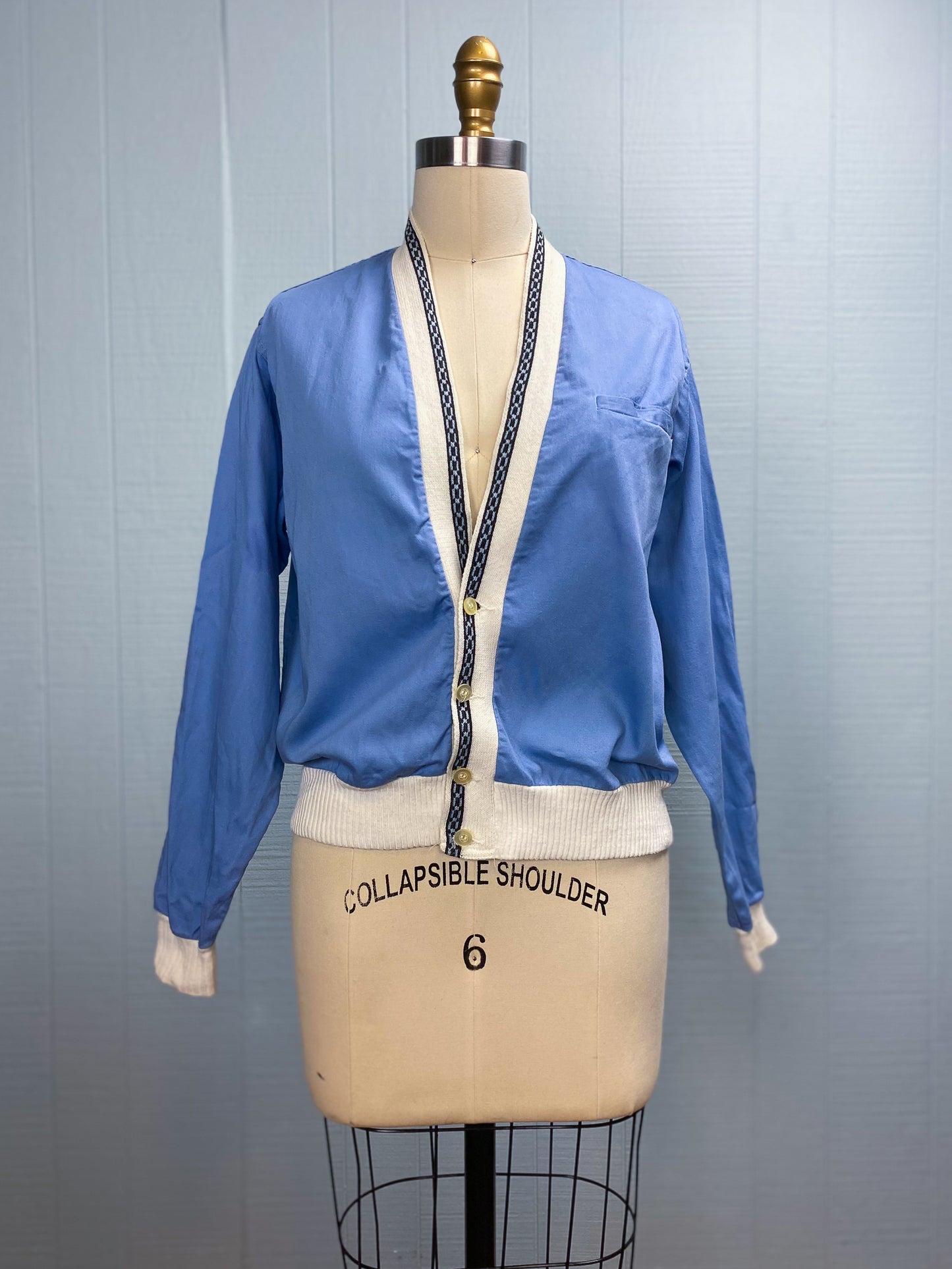 50's Baby Blue Cotton & Knit Cardigan Jacket | M