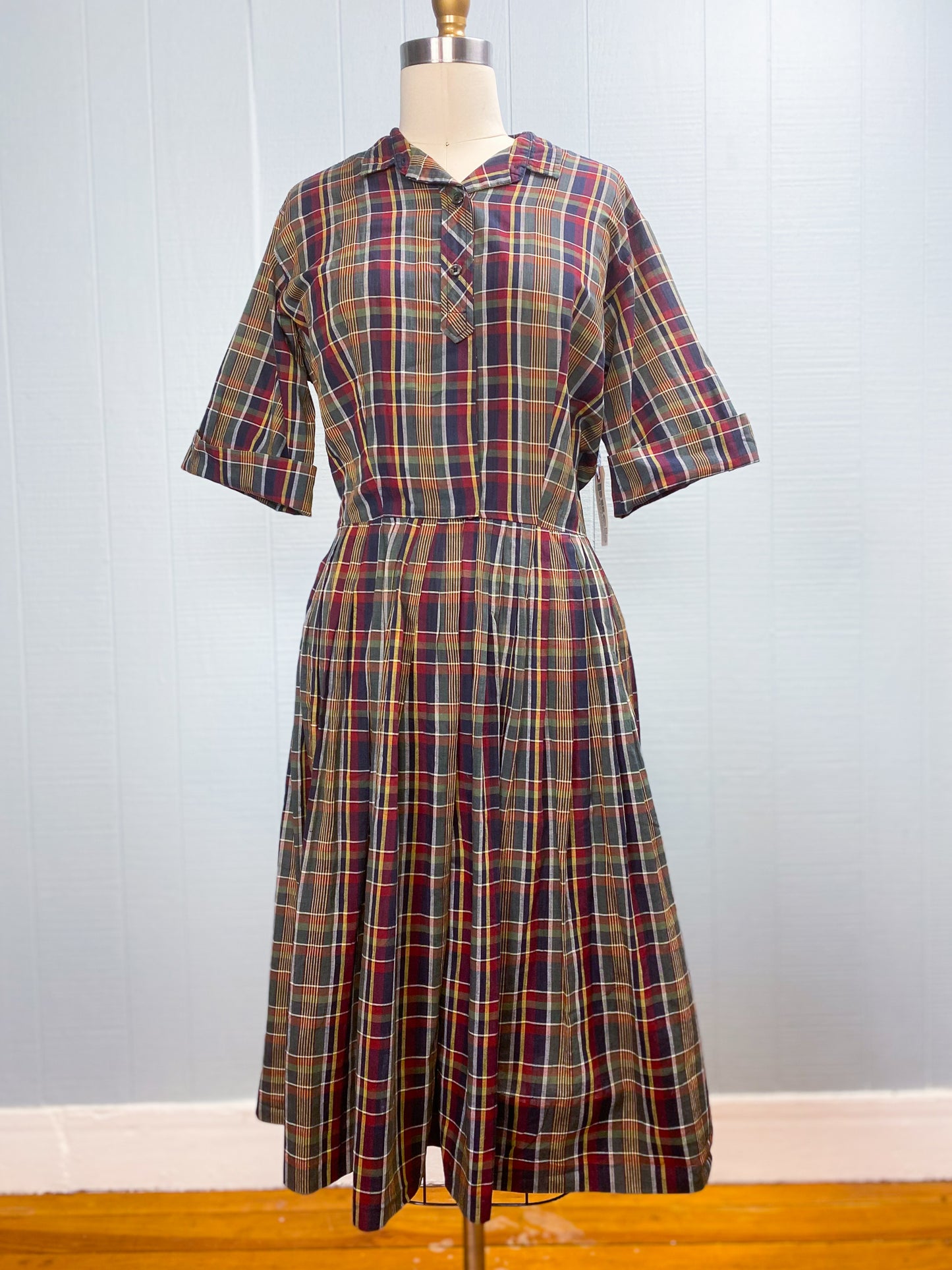50's 60's Madras Plaid Shirt Dress Serbin | M