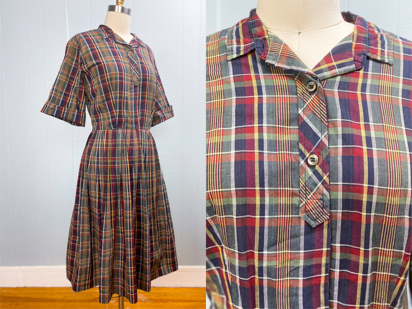 50's 60's Madras Plaid Shirt Dress Serbin | M