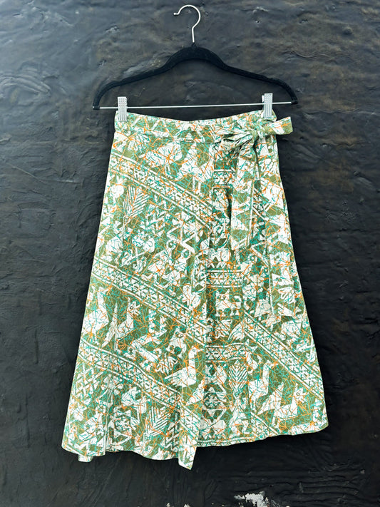 50s Mrs. Maisel Green Batik Novelty Wrap Skirt | M/L