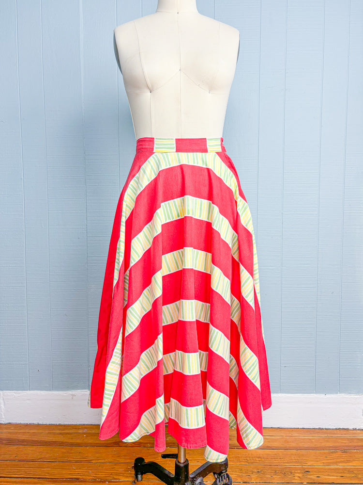 50s Mrs. Maisel Red Stripe Cotton Patio Skirt | W: 25"