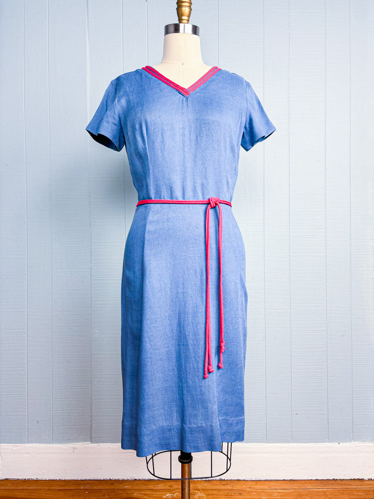 60s Mrs. Maisel Cornflower Blue Linen Red Trim Dress | M