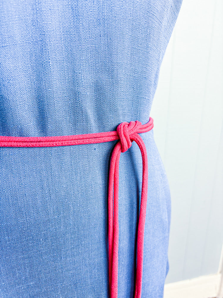 60s Mrs. Maisel Cornflower Blue Linen Red Trim Dress | M