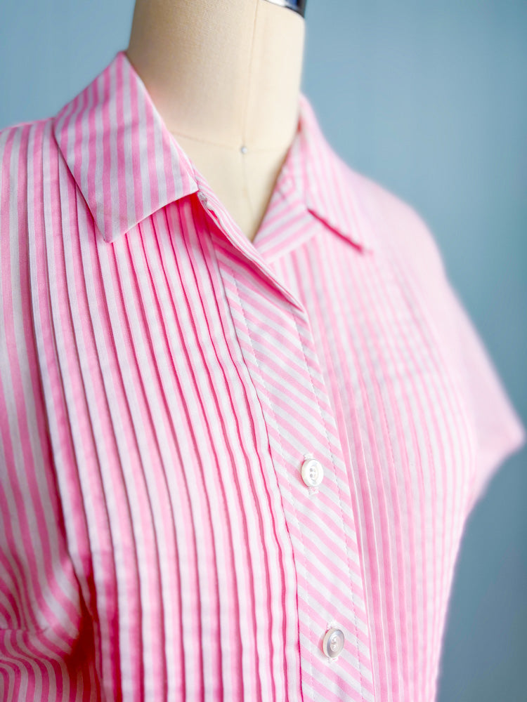50s 60s Mrs. Maisel Baby Pink Candy Stripe Shirt Dress | M