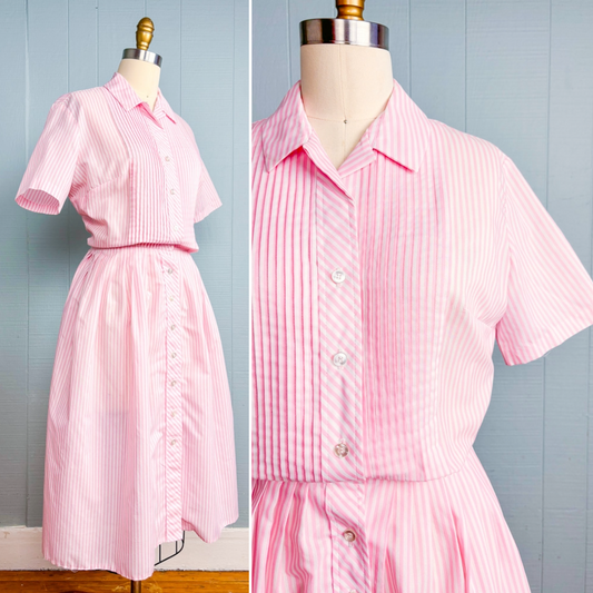 50s 60s Mrs. Maisel Baby Pink Candy Stripe Shirt Dress | M