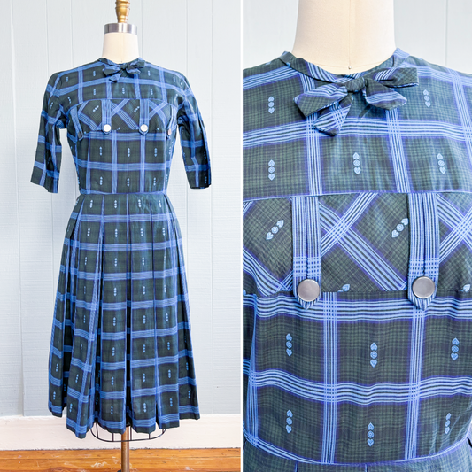 50's Mrs. Maisel Bows & Buttons Plaid Sweet Day Dress | XS