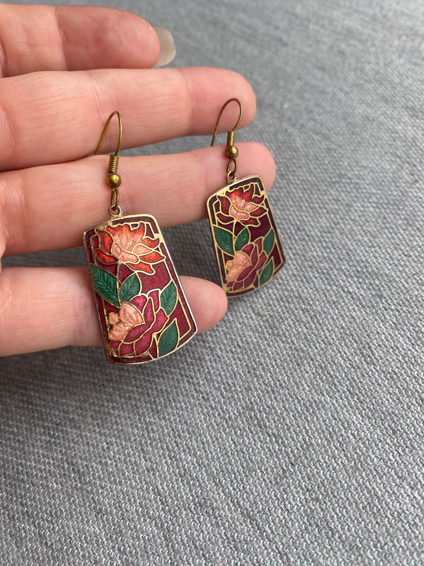 Red & Pink Floral Cloissone Dangle Earrings
