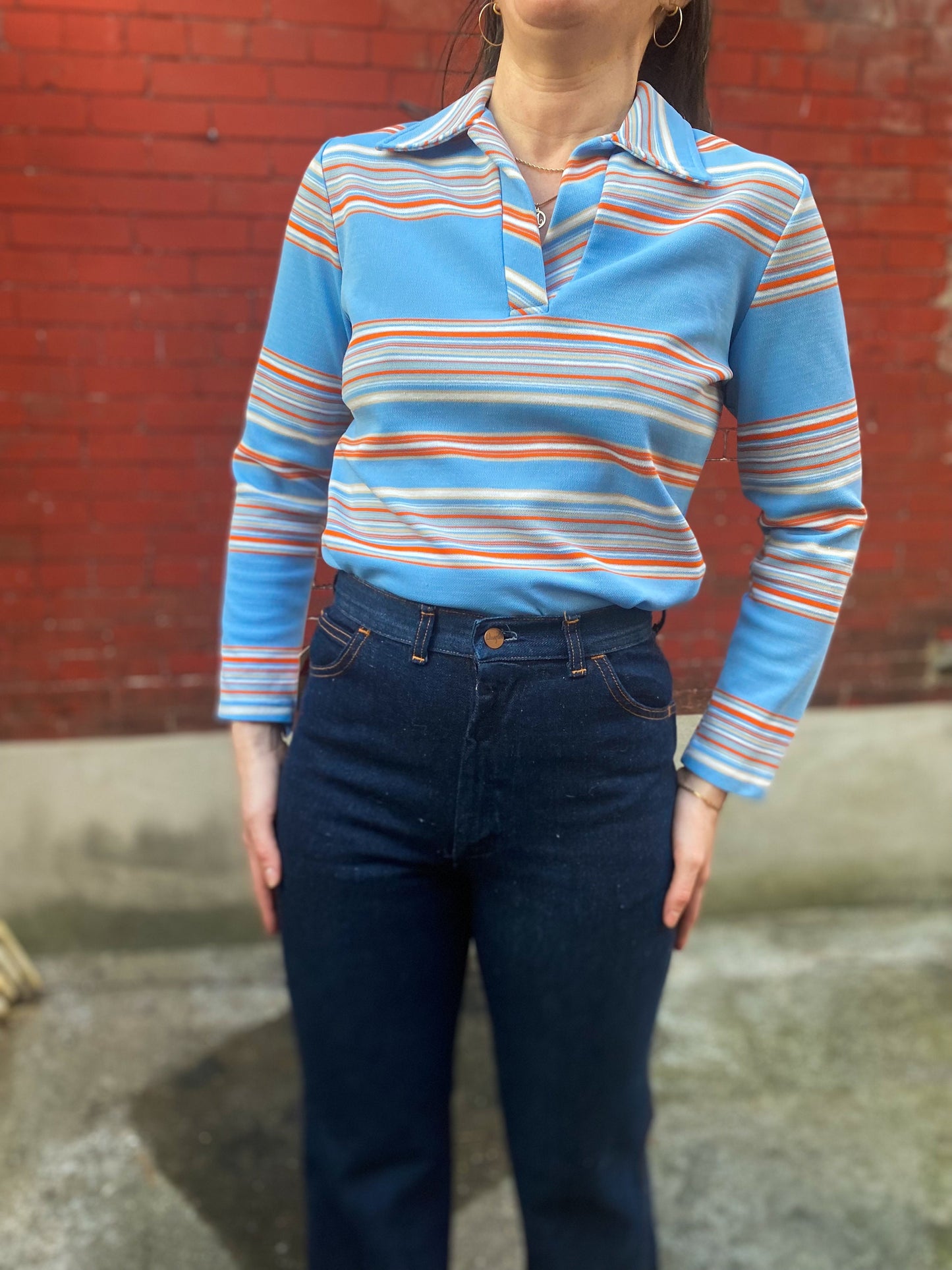 70's Sky Blue Striped Pullover Top | M