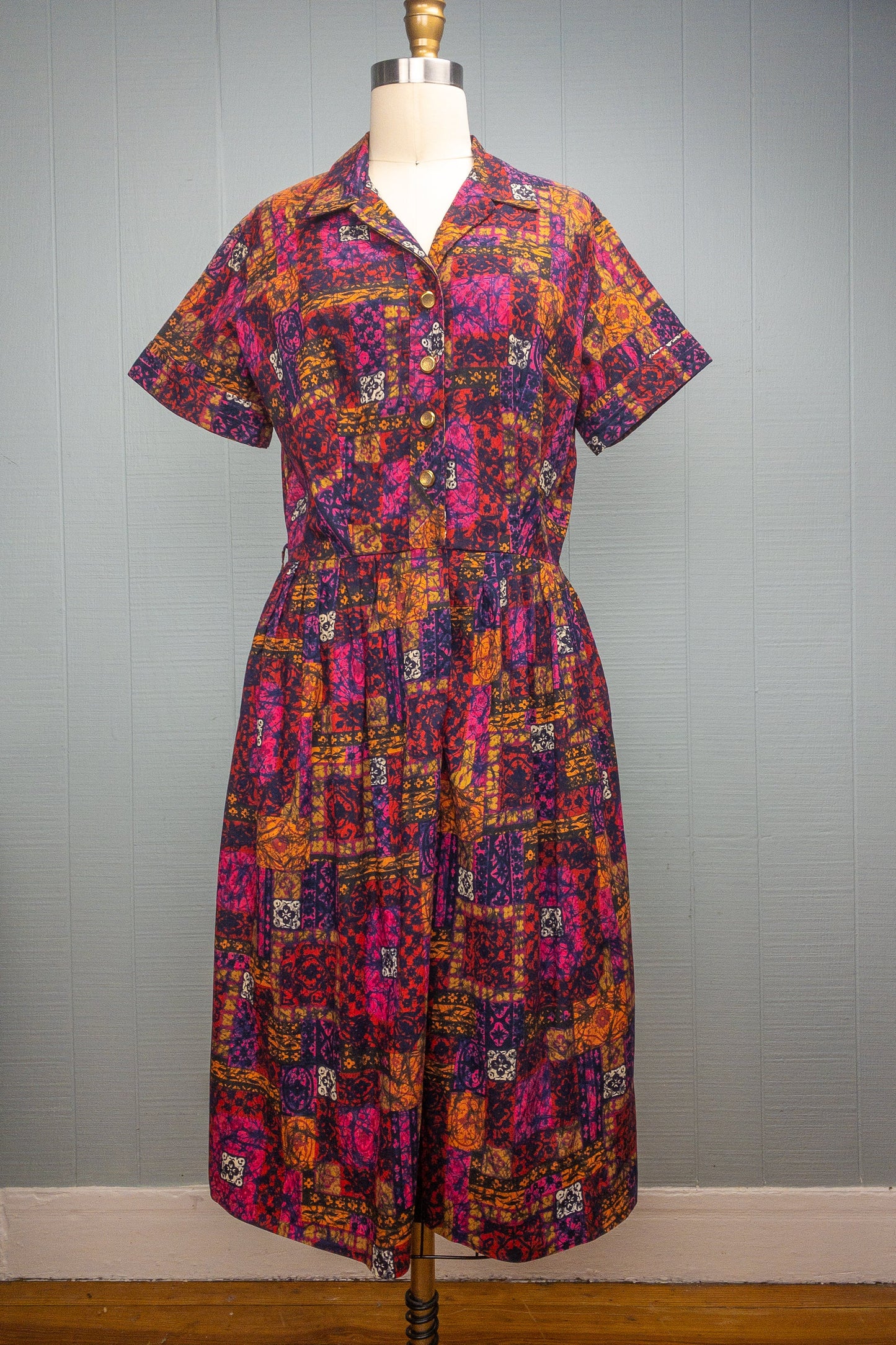60's Purple & Orange Print Shirt Dress | M/L