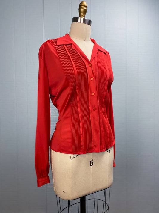 50's Red Pleat Front Tuxedo Loop Collar Blouse Hourglass "Pilot" | M/L