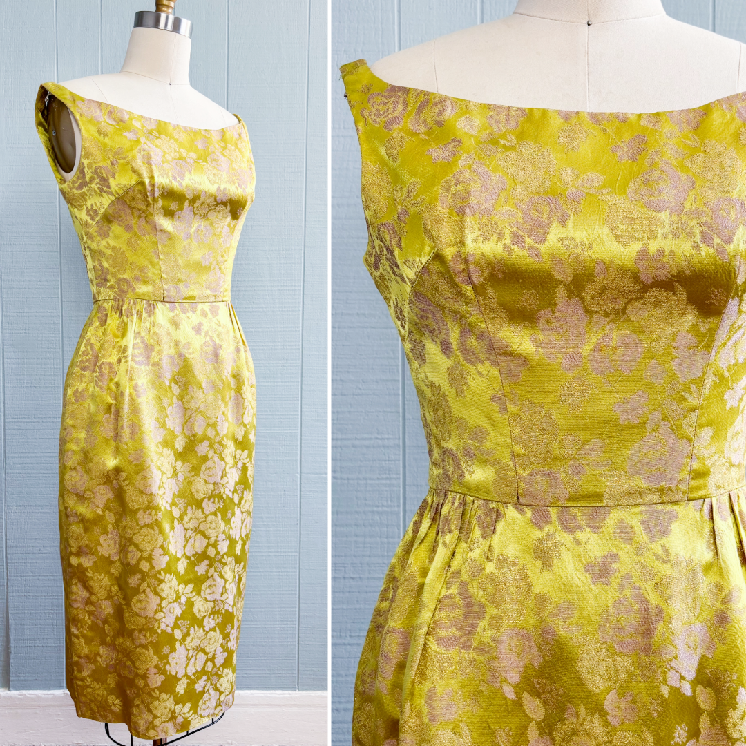 50's 60's Mrs. Maisel Chartreuse Metallic Floral Brocade Cocktail Dress | XS/S
