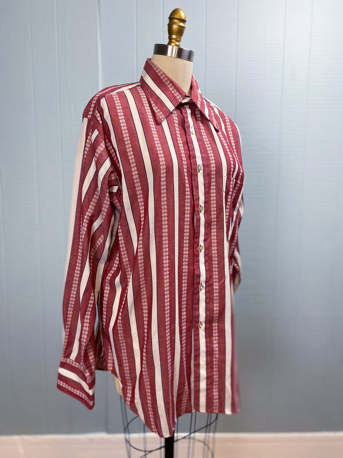 70's Wine & White Vertical Stripe Dagger Collar Button Up Shirt