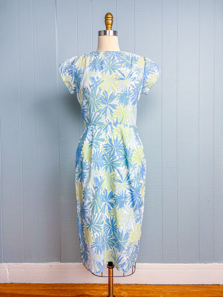 60s Mrs. Maisel Pastel Blue Green Floral Crepe Dress | M