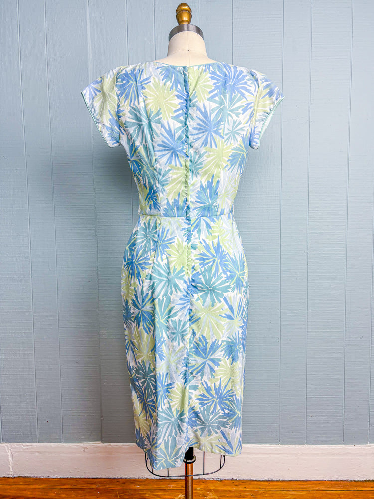 60s Mrs. Maisel Pastel Blue Green Floral Crepe Dress | M